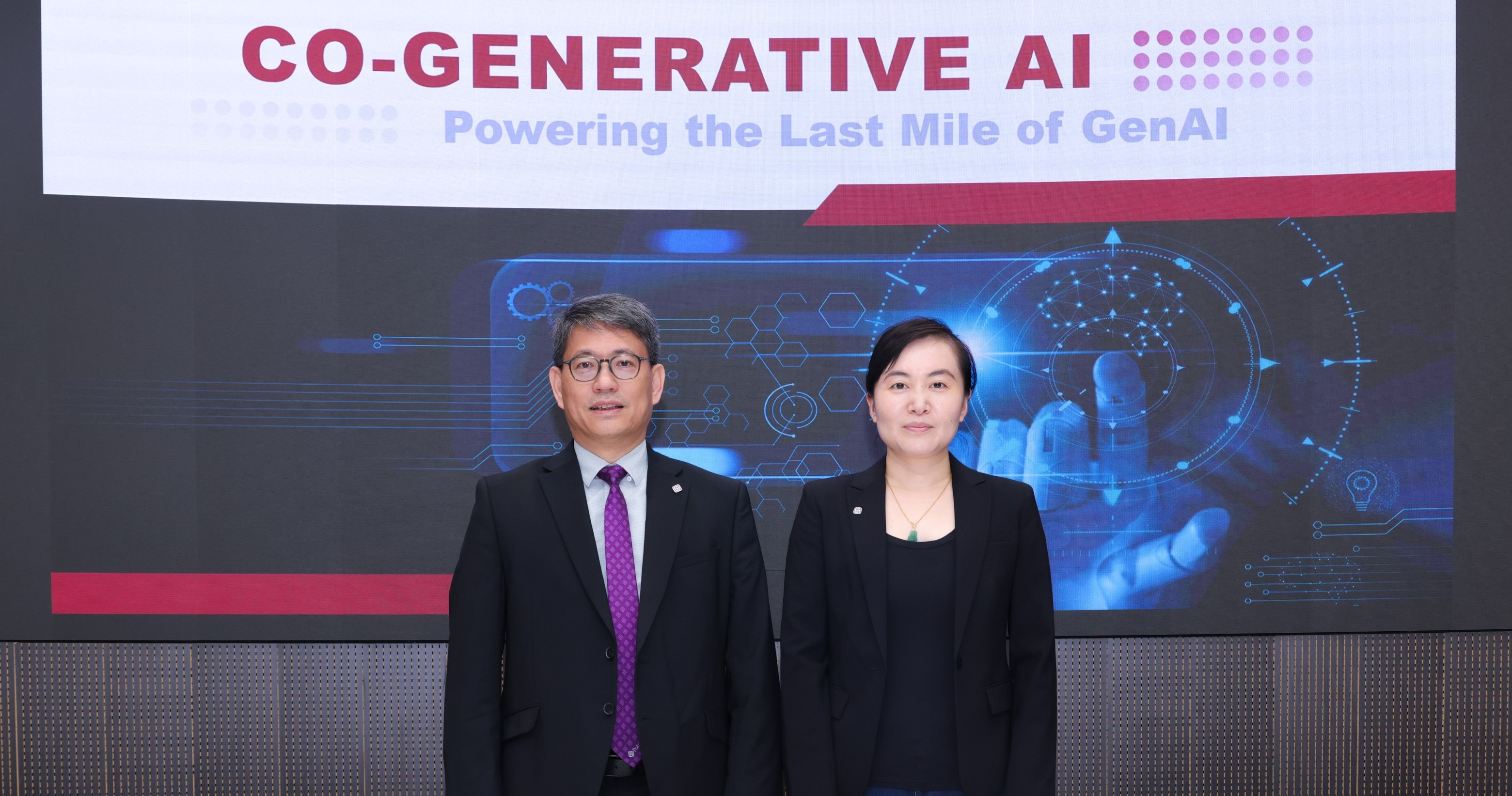A research team led by Prof. Yang Hongxia, Executive Director of the PolyU Academy for Artificial Intelligence (PAAI), Associate Dean (Global Engagement) of the Faculty of Computer and Mathematical Sciences, and Professor of the Department of Computing (right), has achieved several milestones in Generative AI (GenAI) research. Prof. Christopher Chao, Senior Vice President (Research and Innovation) of PolyU (left) and Prof. Yang attended the press briefing to announce these breakthroughs.